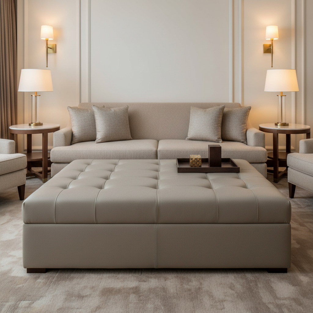 Smooth Pebble Grain Soft Taupe Upholstered Ottoman | Architectural Fabrics