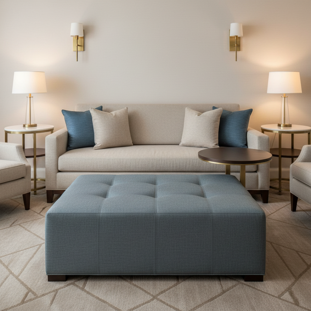 Woven Linen Texture Slate Blue Upholstered Ottoman | Architectural Fabrics