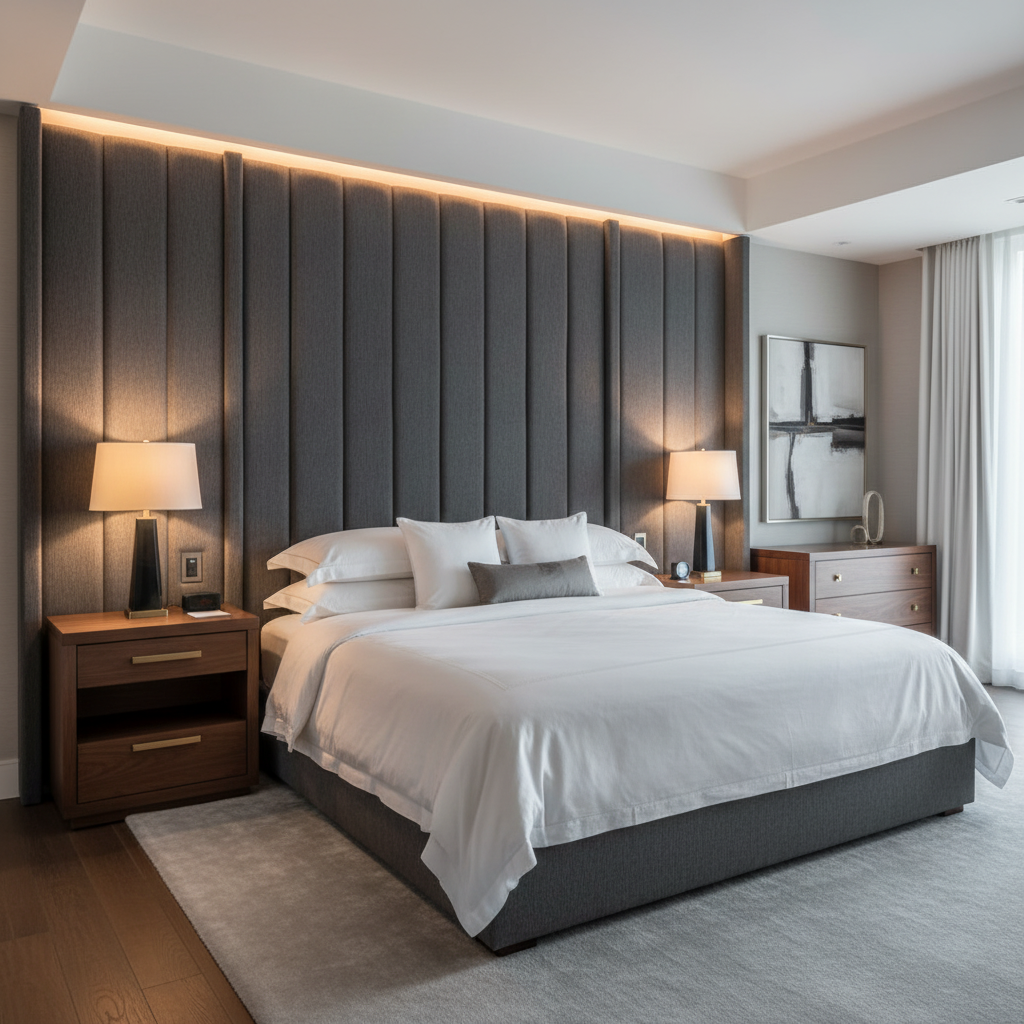 Brushed Vertical Texture Charcoal Steel Upholstered Headboard | Architectural Fabrics