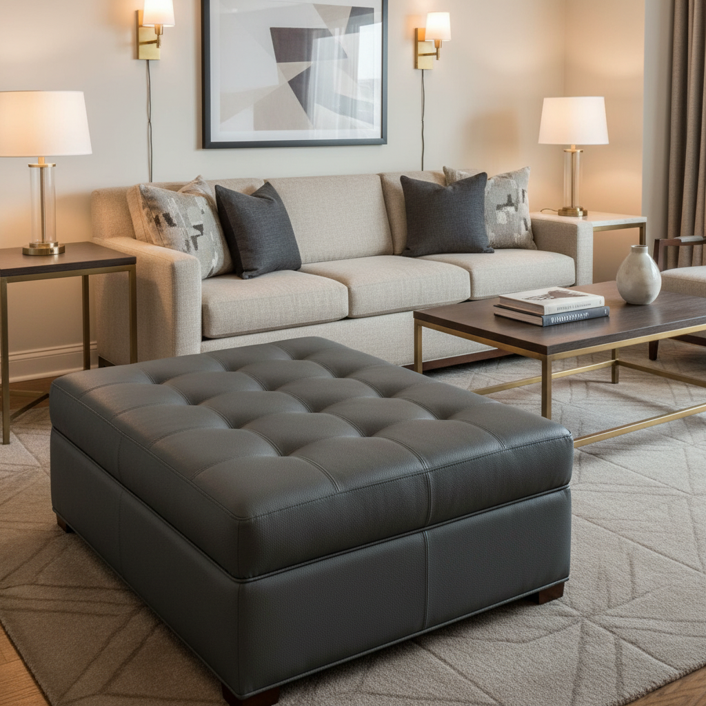 Fine Pebble Grain Dark Graphite Upholstered Ottoman | Architectural Fabrics