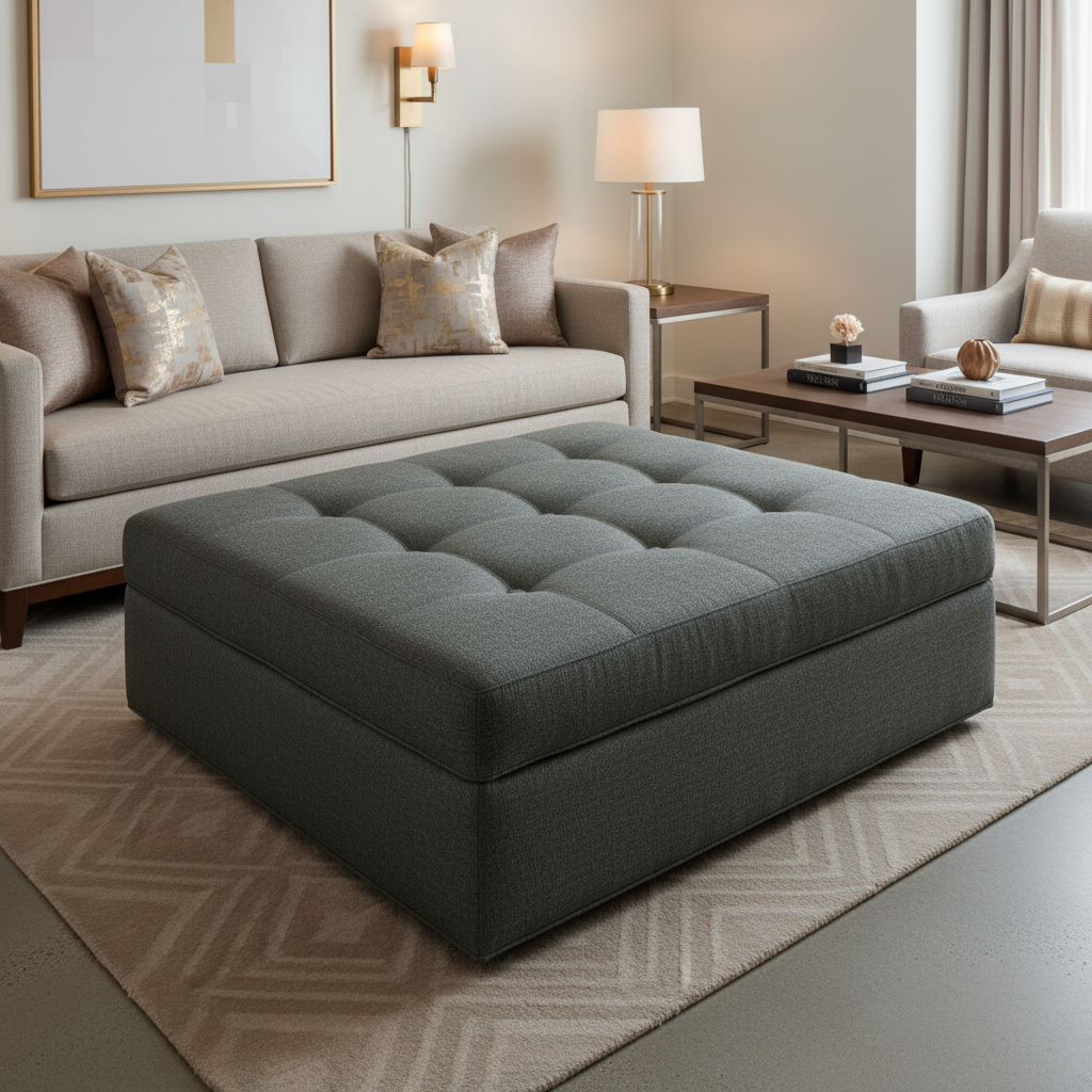 Brushed Linen Weave Charcoal Gray Upholstered Ottoman | Architectural Fabrics