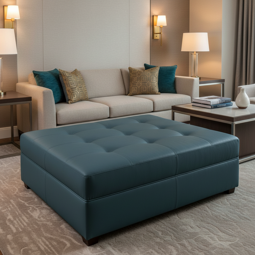 Fine Pebble Grain Deep Teal Upholstered Ottoman | Architectural Fabrics