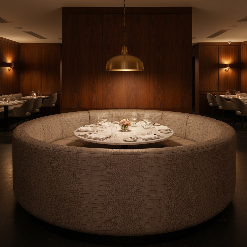 Embossed Alligator Skin Taupe Stone Upholstered Banquette | Architectural Fabrics