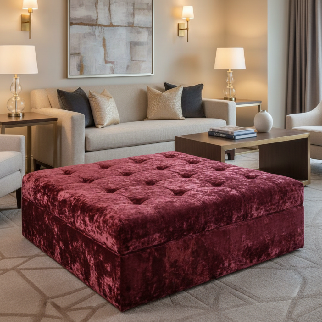Crushed Velvet Texture Burgundy Wine Upholstered Ottoman | Architectural Fabrics