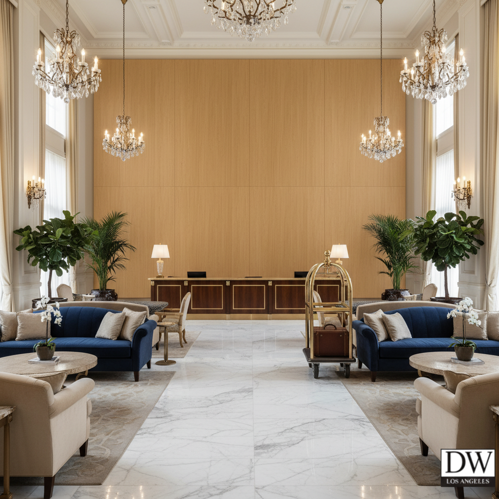 Biscay Bay Caramel Wood Grain | Hollywood Wallcoverings - Hotel Lobby commercial room setting