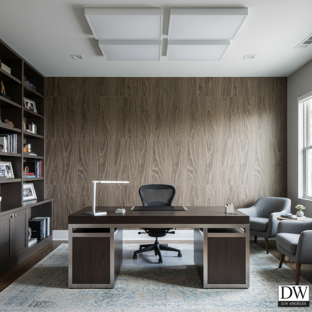Biscay Bay Walnut Wood Grain | Hollywood Wallcoverings - Corporate Office commercial room setting