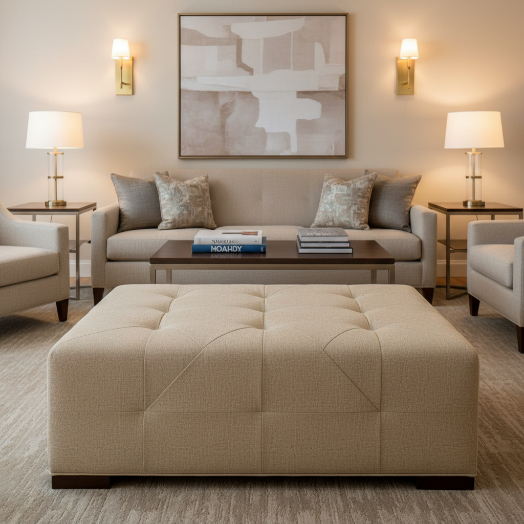 Fine Pebble Grain Soft Sand Upholstered Ottoman | Architectural Fabrics