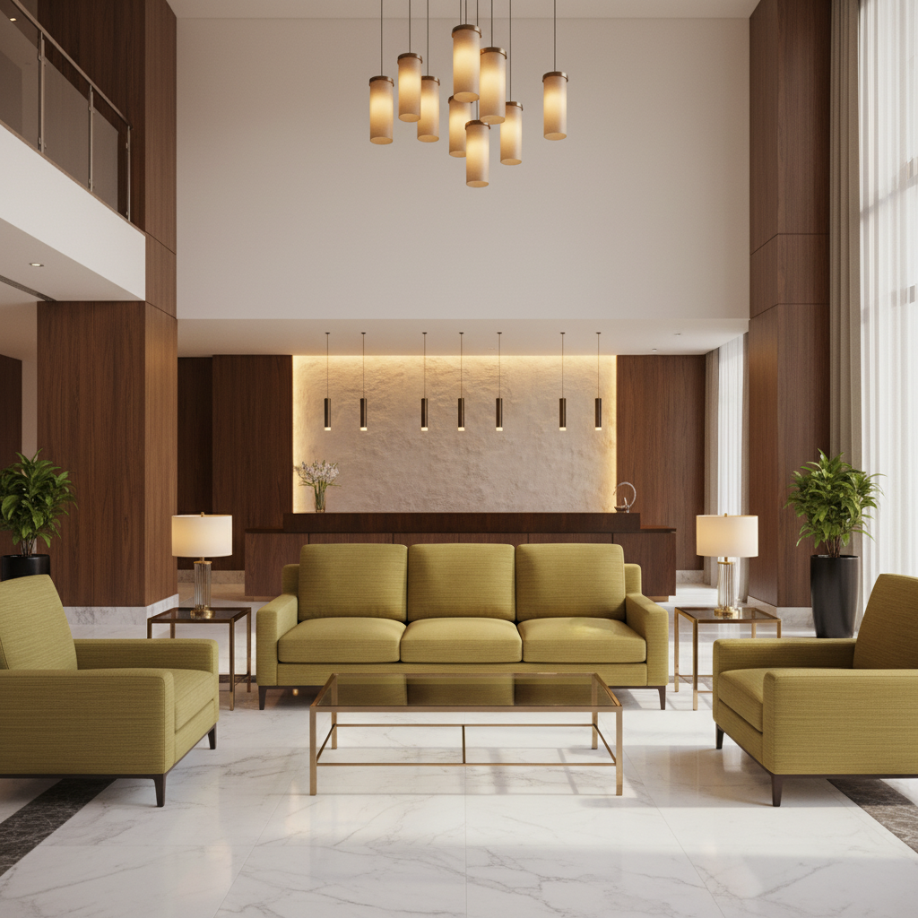 Fine Horizontal Ribs Golden Olive Upholstered Sofa | Architectural Fabrics
