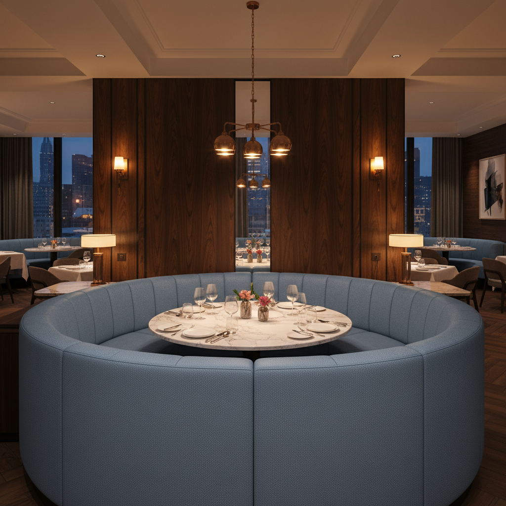 Smooth Pebble Grain Dusty Denim Upholstered Banquette | Architectural Fabrics