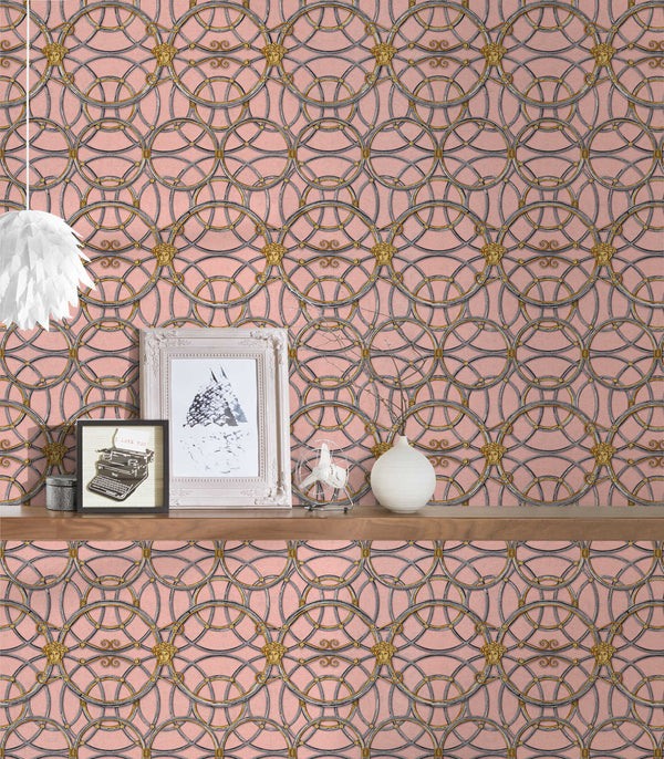 Medusa Circle Silver, Gold, Pink Wallcovering | Versace
