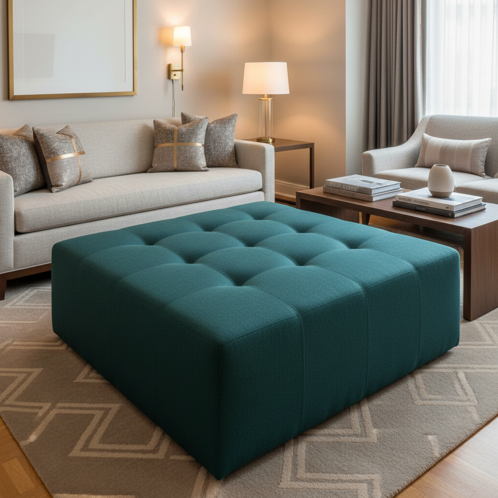 Fine Pebble Grain Deep Teal Upholstered Ottoman | Architectural Fabrics