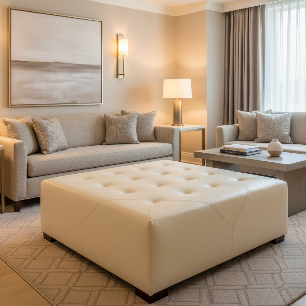 Smooth Pebble Grain Creamy Ivory Upholstered Ottoman | Architectural Fabrics