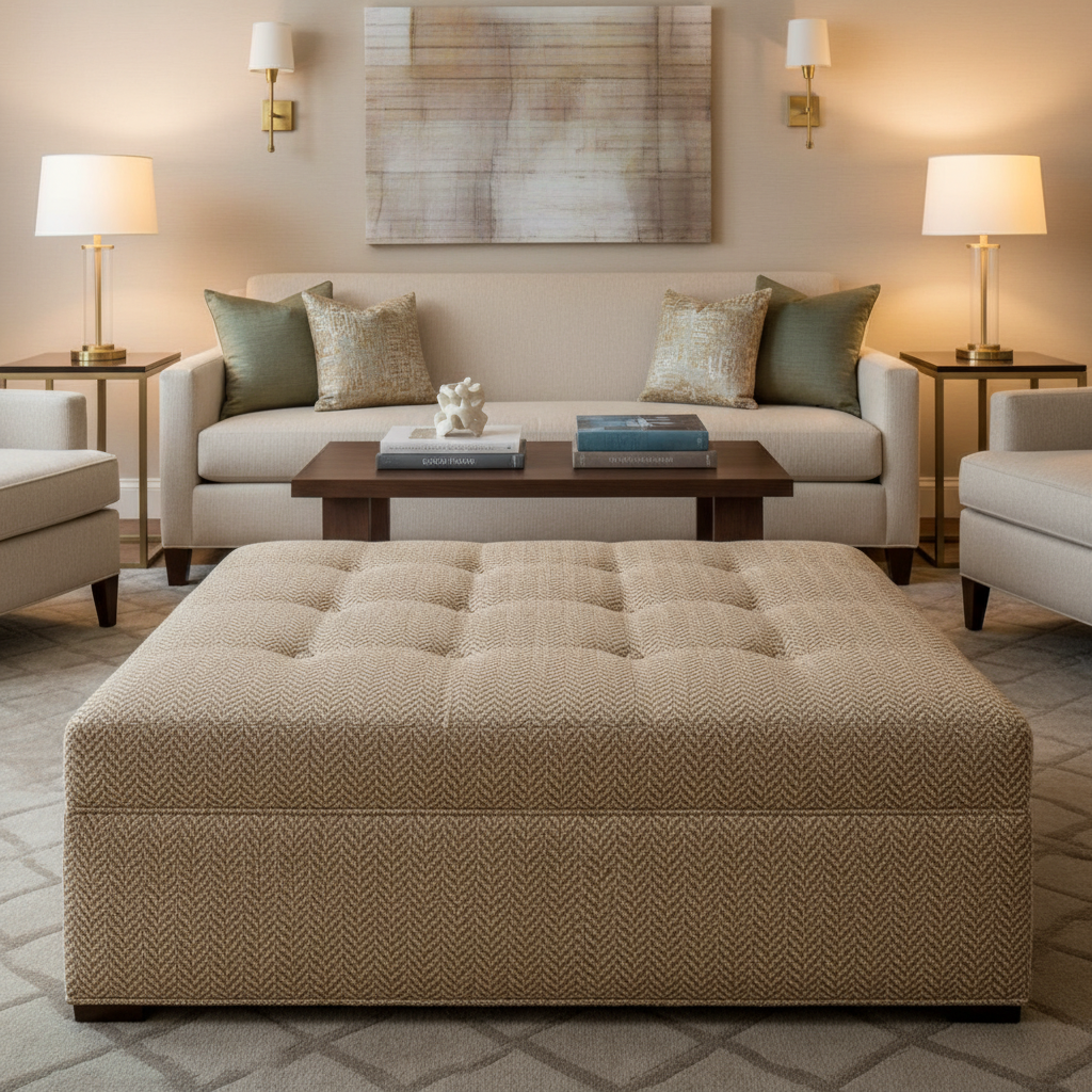 Chevron Woven Texture Sandy Beige Upholstered Ottoman | Architectural Fabrics
