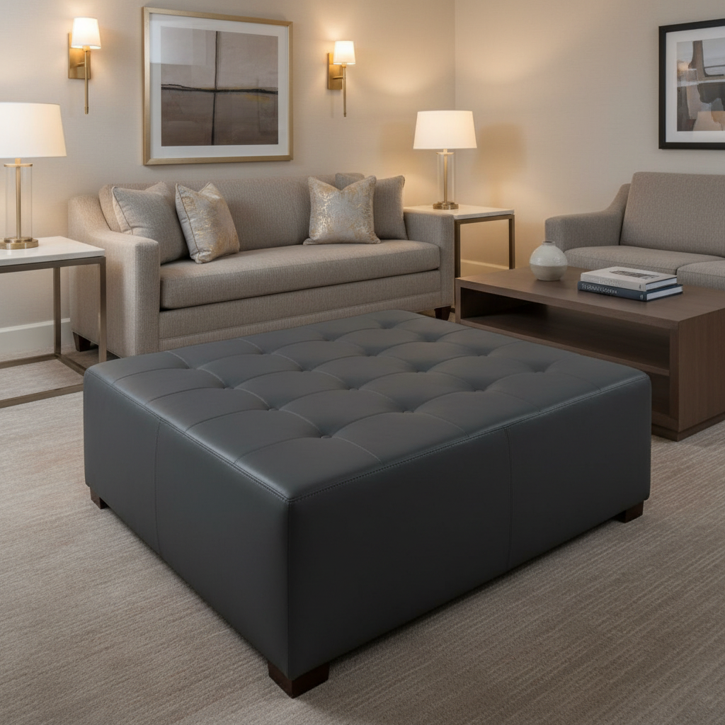 Smooth Matte Finish Deep Charcoal Upholstered Ottoman | Architectural Fabrics