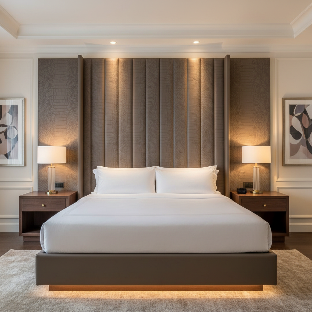 Embossed Reptile Scale Mushroom Taupe Upholstered Headboard | Architectural Fabrics
