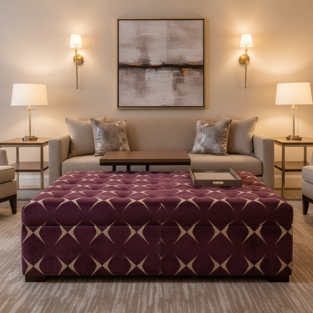 Diamond Velvet Texture Plum Wine Upholstered Ottoman | Architectural Fabrics