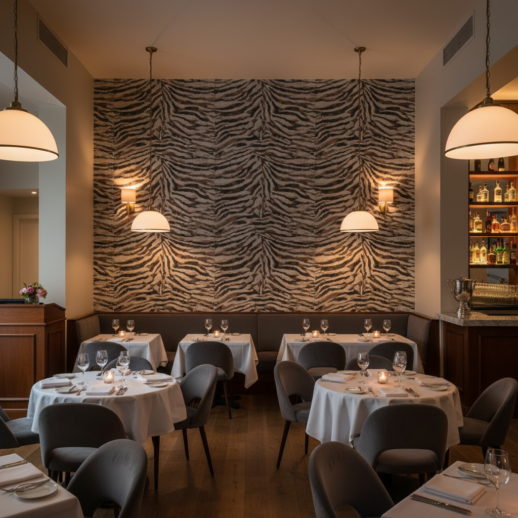 Labasa Taupe Zebra | Hollywood Wallcoverings - Restaurant Dining commercial room setting