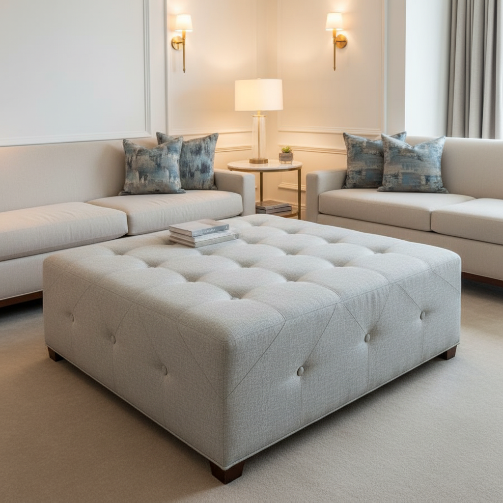 Fine Woven Texture Soft Silver Upholstered Ottoman | Architectural Fabrics