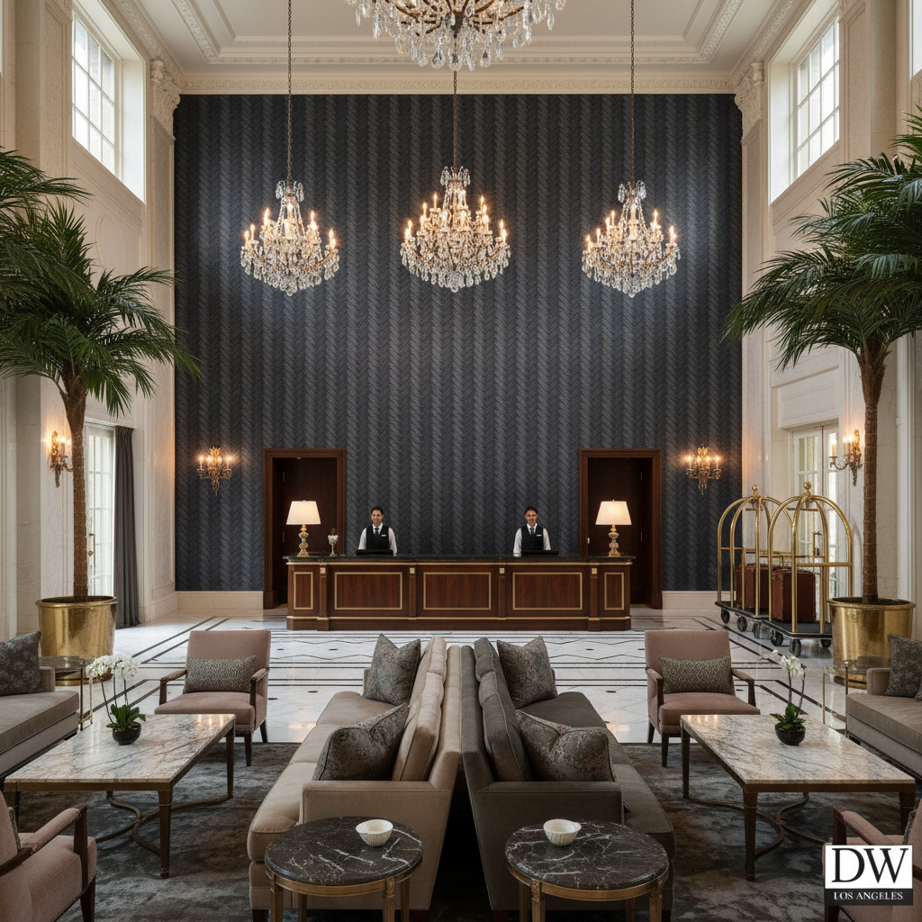 Moroccan Midnight Basketweave | Hollywood Wallcoverings - Hotel Lobby commercial room setting