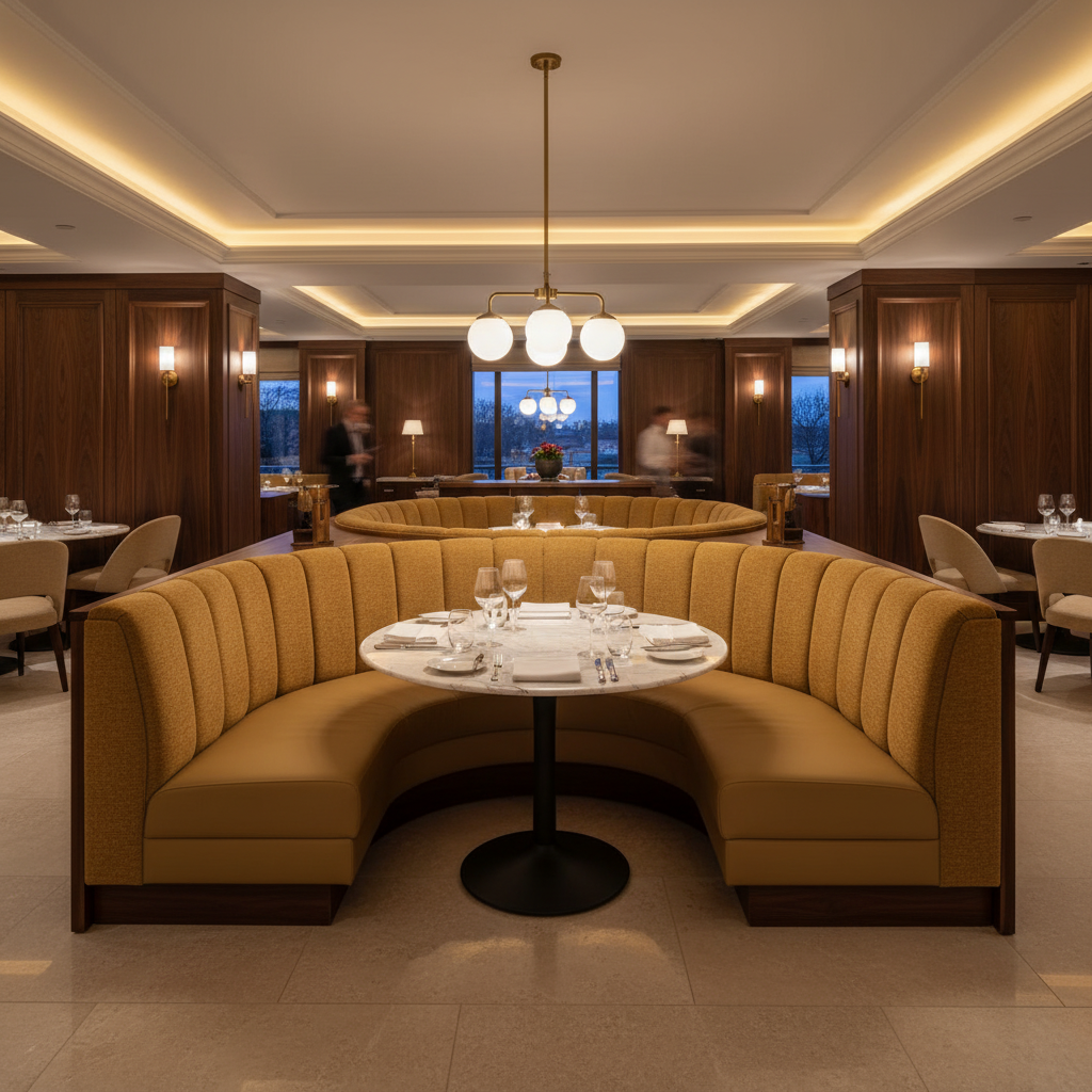 Fine Pebble Grain Golden Tan Upholstered Banquette | Architectural Fabrics