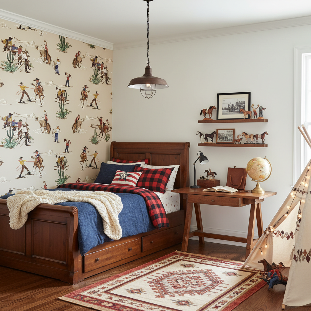 The Original Yeeha 1950's Cowboy Organic Cotton Sateen Fabric - Cream Mid-Century Modern | Architectural Wallcoverings - Boys Adventure Bedroom Room Setting