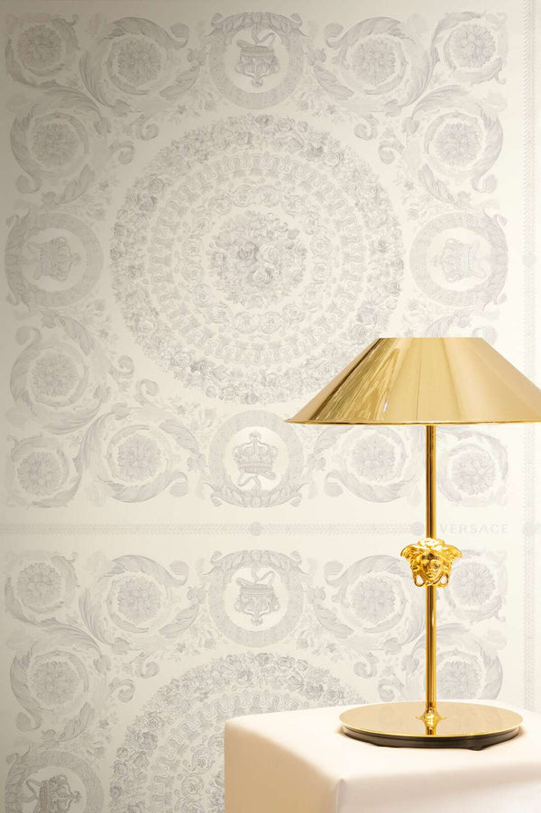 Versace Floral Ornament White, Grey, Metallic Wallcovering | Versace