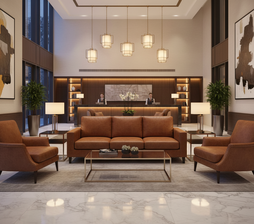 BELLAMY - Russet Faux Leather Upholstered Sofa | Architectural Fabrics