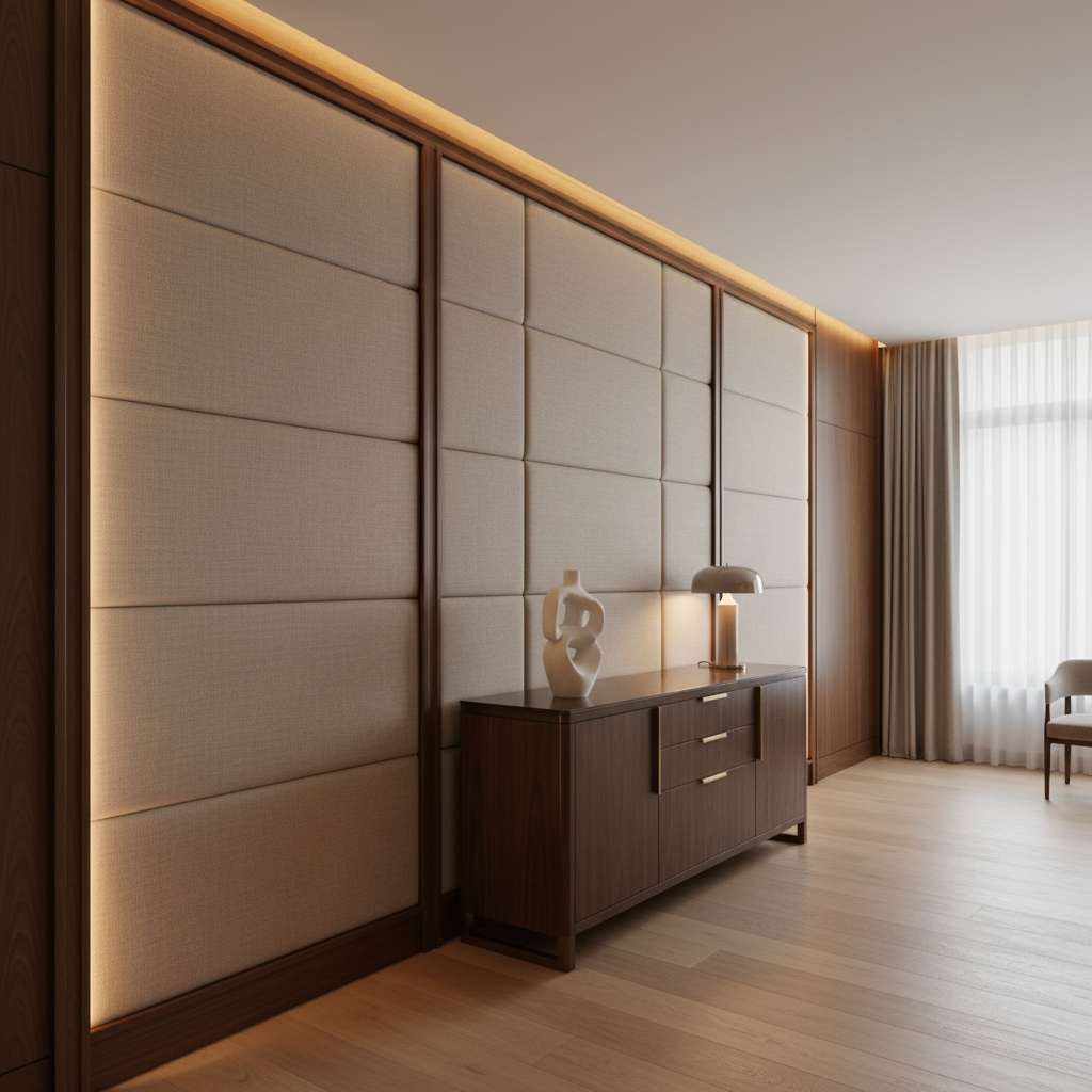 Smooth Solid Texture Soft Taupe Upholstered Wall Panel | Architectural Fabrics
