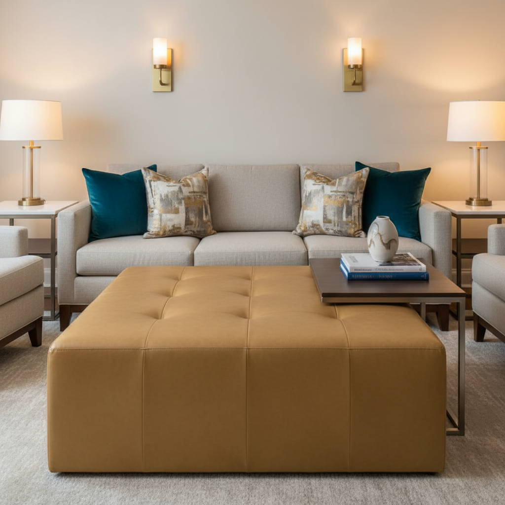Smooth Leather Grain Golden Tan Upholstered Ottoman | Architectural Fabrics