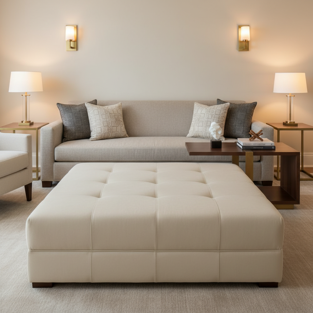 Smooth Subtle Texture Pale Sand Upholstered Ottoman | Architectural Fabrics