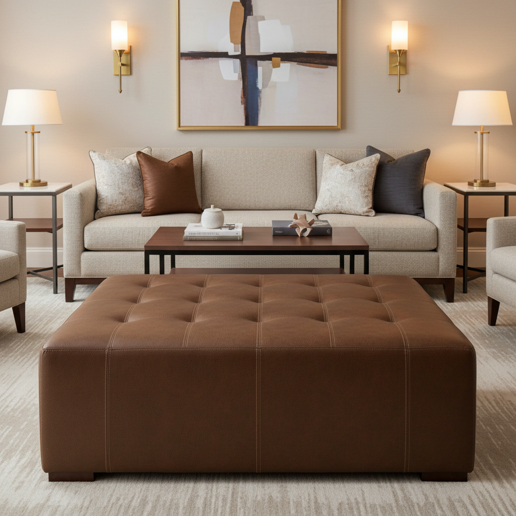 Smooth Pebble Grain Rich Umber Upholstered Ottoman | Architectural Fabrics