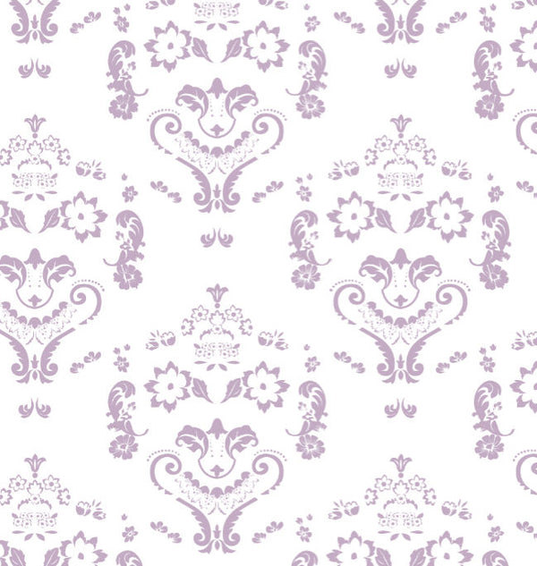Baroque Damask Smiles - Purple on White | Architectural Wallcoverings
