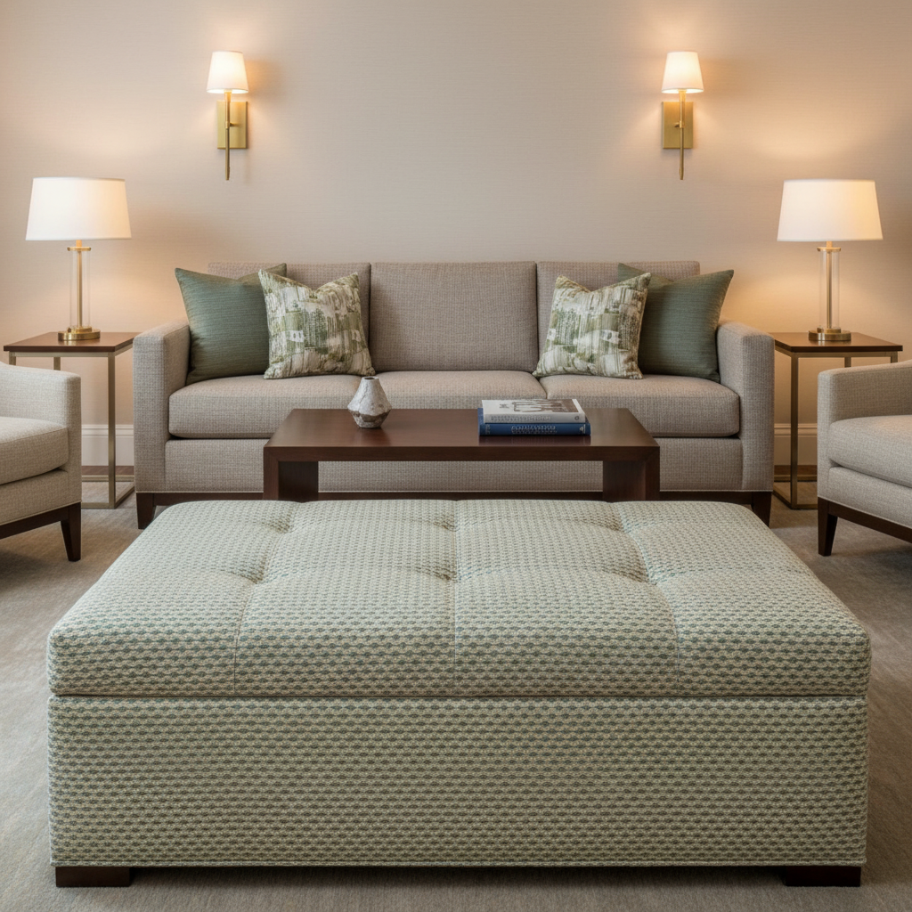 Woven Geometric Texture Aqua Mist Upholstered Ottoman | Architectural Fabrics
