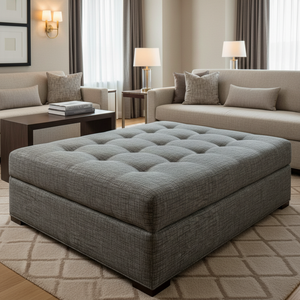 Woven Linear Texture Charcoal Grey Upholstered Ottoman | Architectural Fabrics