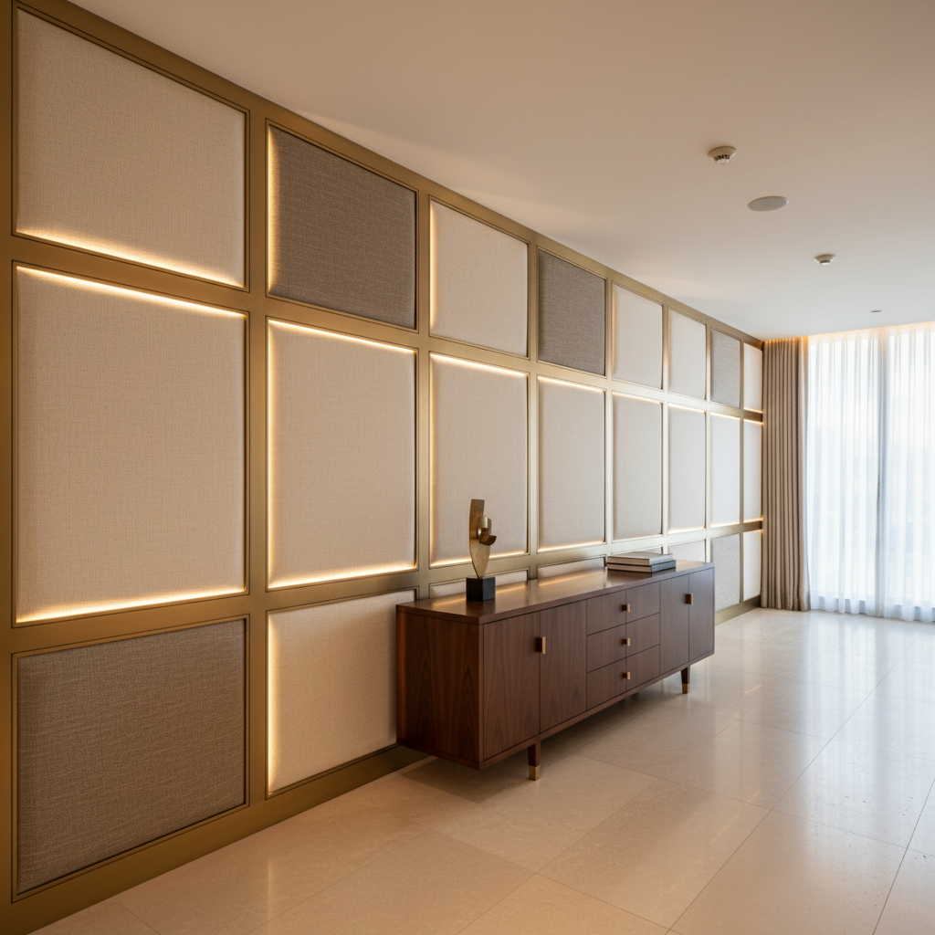 Monterey Natural Transitional ivory & taupe Upholstered Wall Panel | Architectural Fabrics