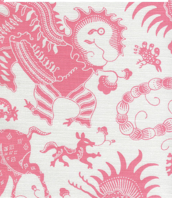 Indramayu Pink on White Screen Printed - Light Blue Fabric | China Seas