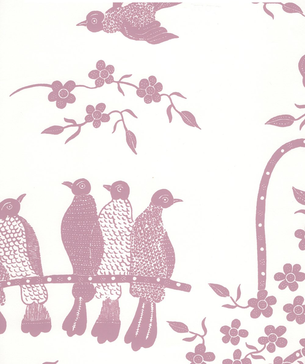 Birds Lilac Lilac on White Screen Printed - White Wallcovering | China Seas