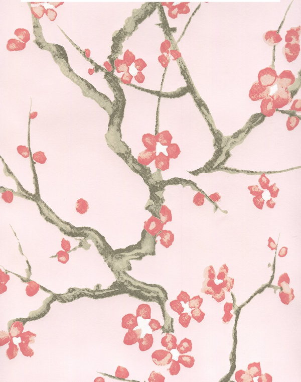 Cherry Branch Pale Pink Taupe Brown Screen Printed | China Seas