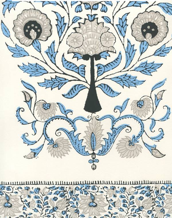 Kalamkari Border Celeste Gray Charcoal Screen Printed | China Seas