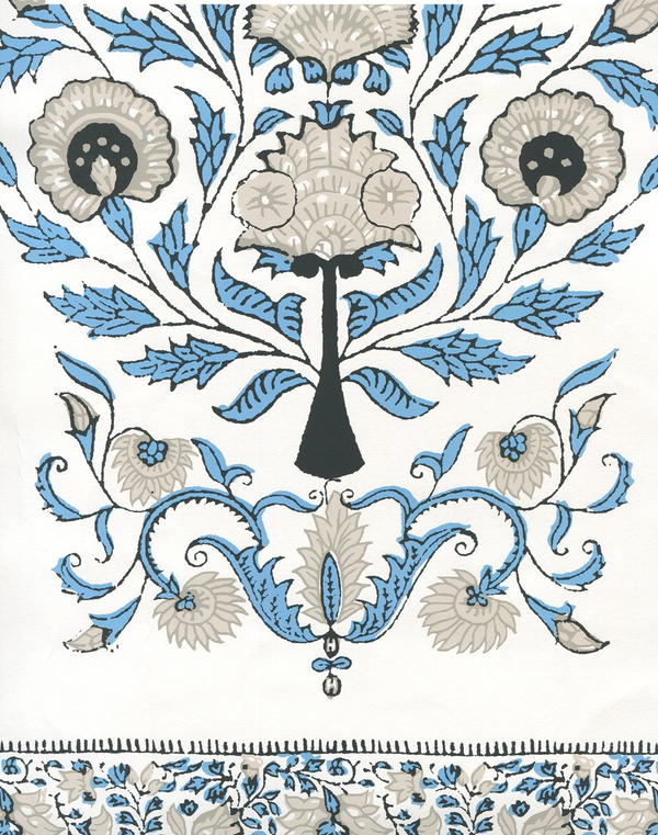 Kalamkari Border Celeste Gray Charcoal on White Screen Printed | China Seas