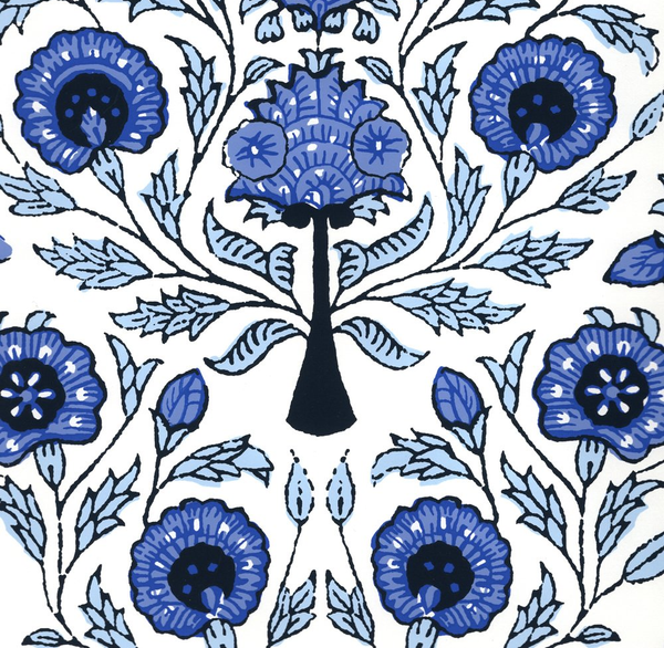 Kalamkari Floral Blues on Almost White Screen Printed | China Seas