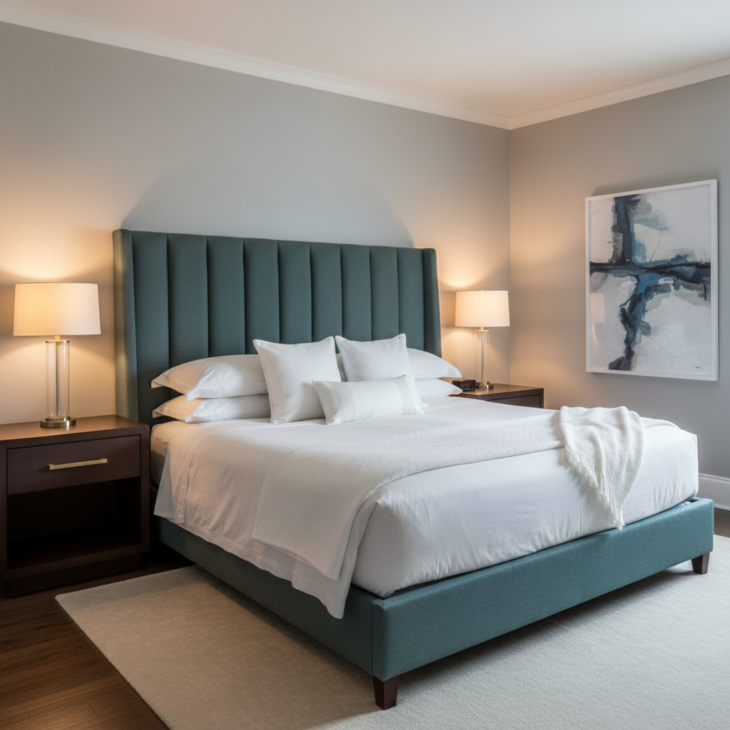 Woven Linen Texture Deep Teal Upholstered Headboard | Architectural Fabrics