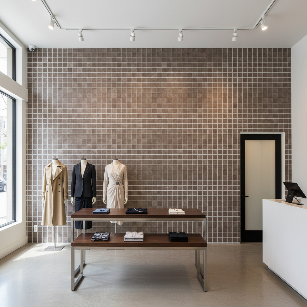 Vomera Shale Faux Tile | Hollywood Wallcoverings - Retail Showroom commercial room setting