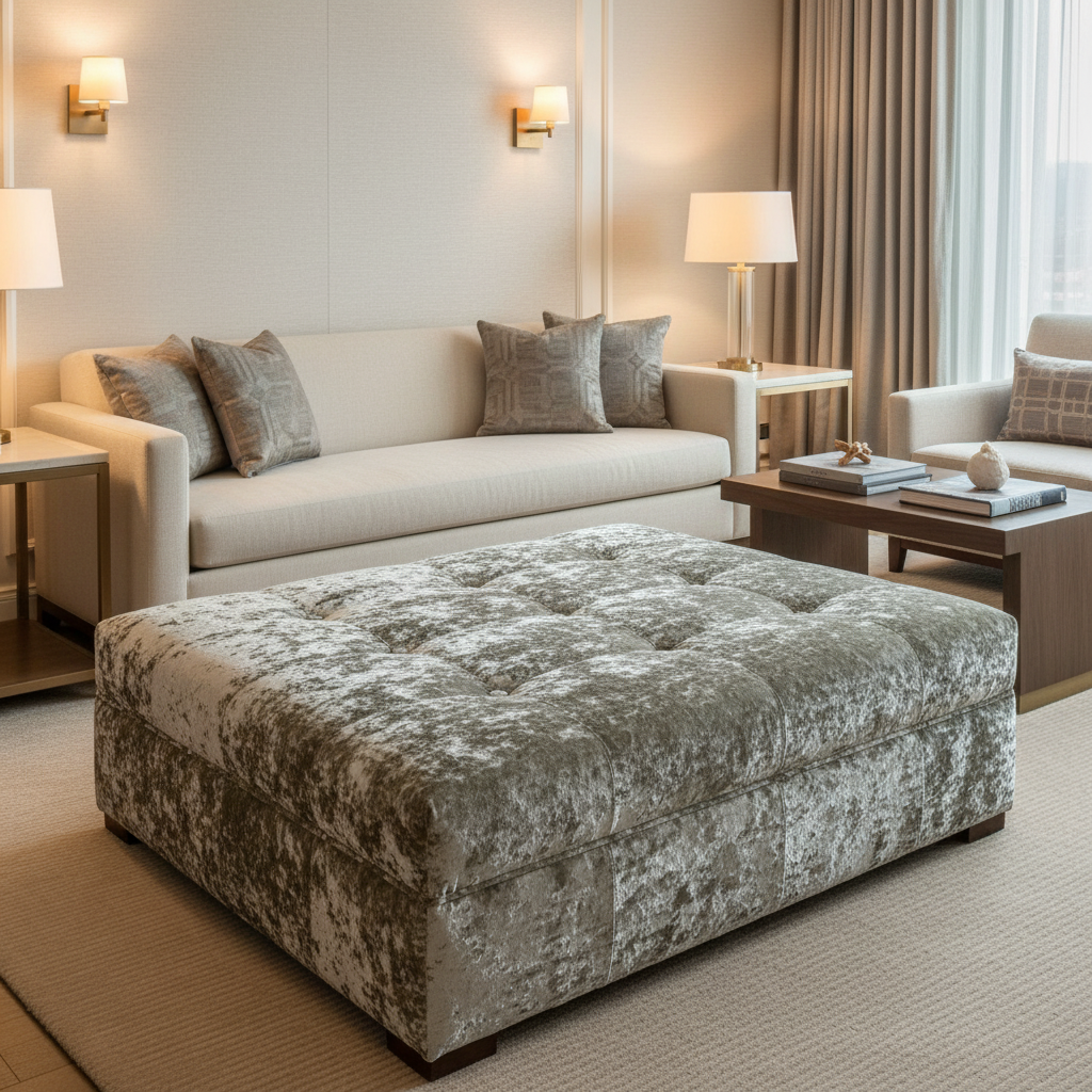 Crushed Velvet Texture Smoked Silver Upholstered Ottoman | Architectural Fabrics