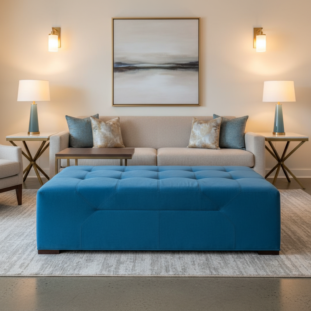 Ultrasuede  Lake  Blue Upholstered Ottoman | Ultrasuede Upholstery