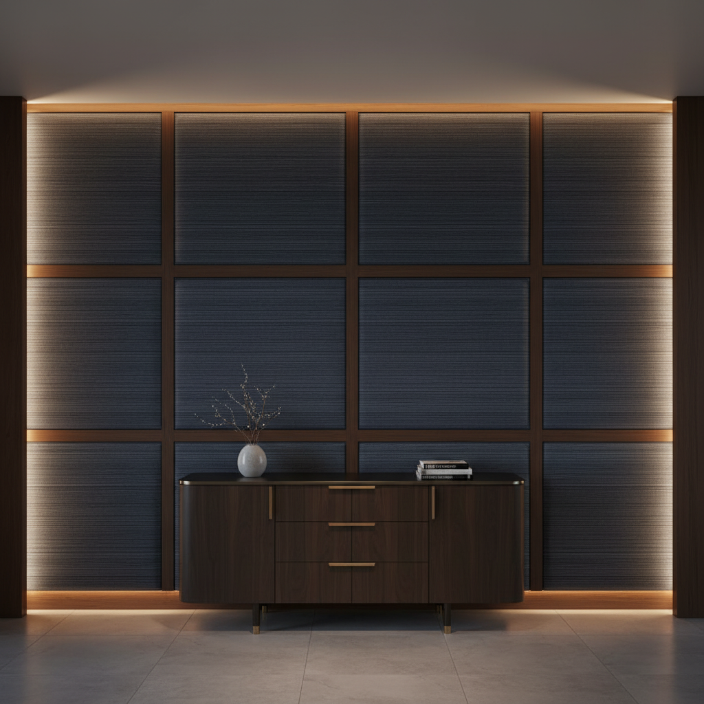 Fine Horizontal Stripes Deep Indigo Upholstered Wall Panel | Architectural Fabrics