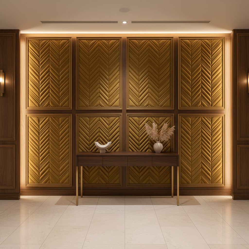 Channel Chevron Pattern Golden Bronze Upholstered Wall Panel | Architectural Fabrics