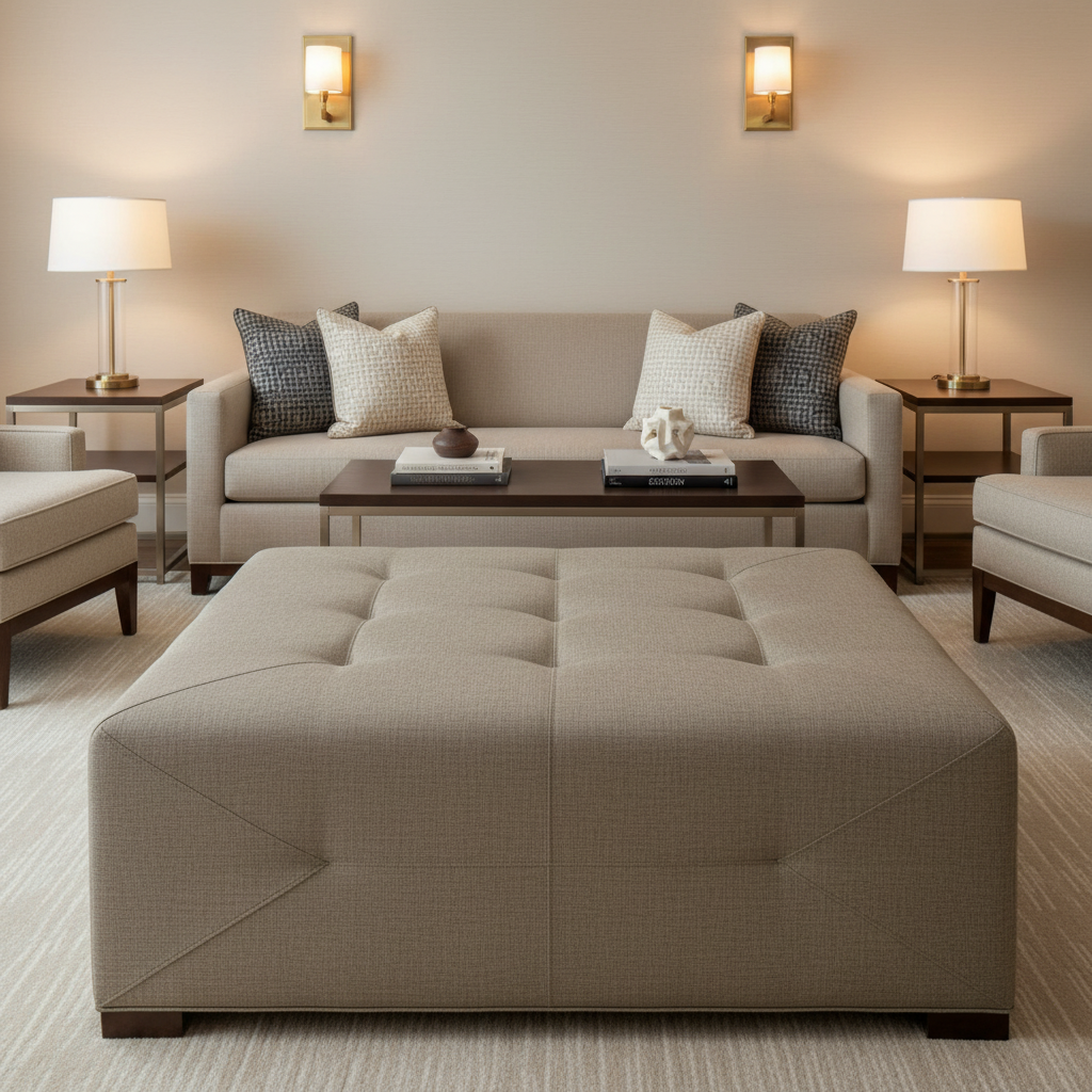 Linen Weave Texture Soft Taupe Upholstered Ottoman | Architectural Fabrics