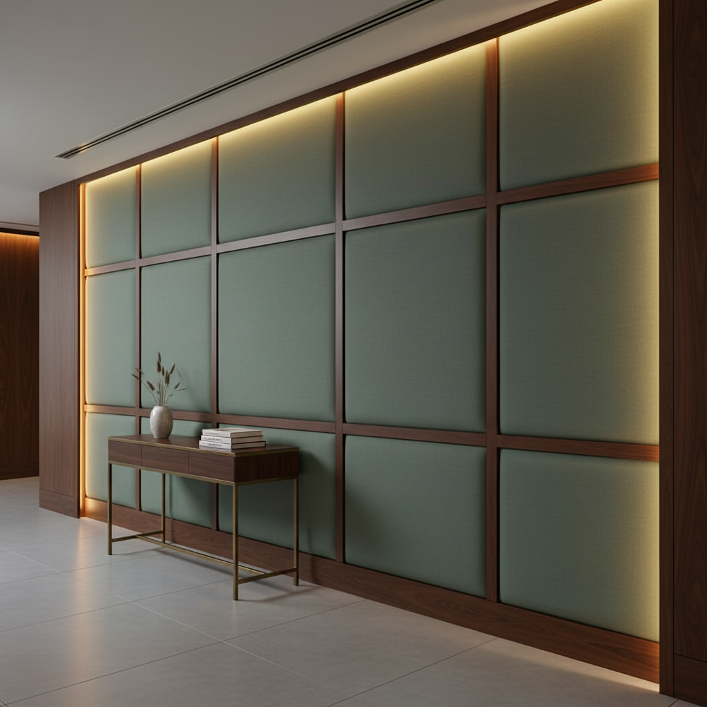 Smooth Matte Finish Earthy Green Upholstered Wall Panel | Architectural Fabrics