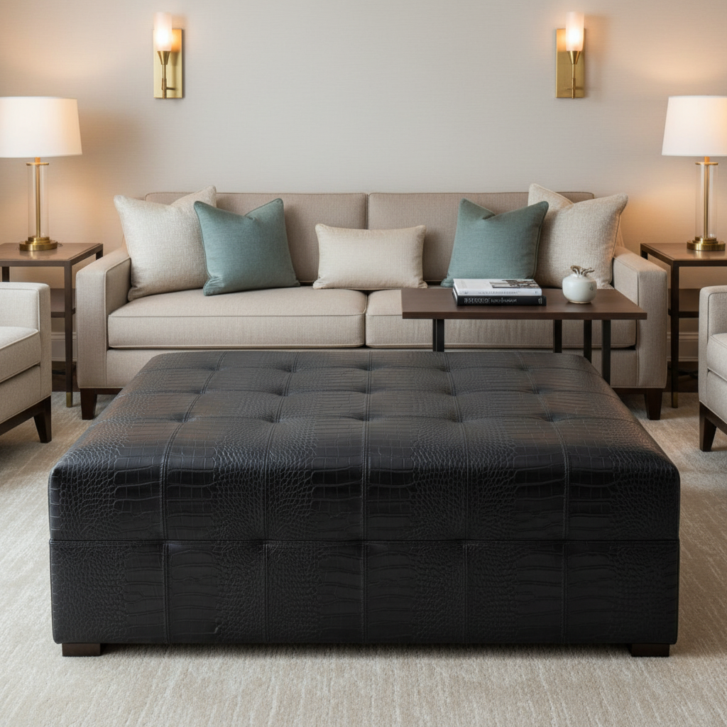 Embossed Reptile Scale Deep Charcoal Upholstered Ottoman | Architectural Fabrics